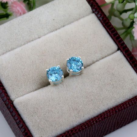 Blue Cz stone stud earring, Brass silver plated earring for women, Gifts Jewelry